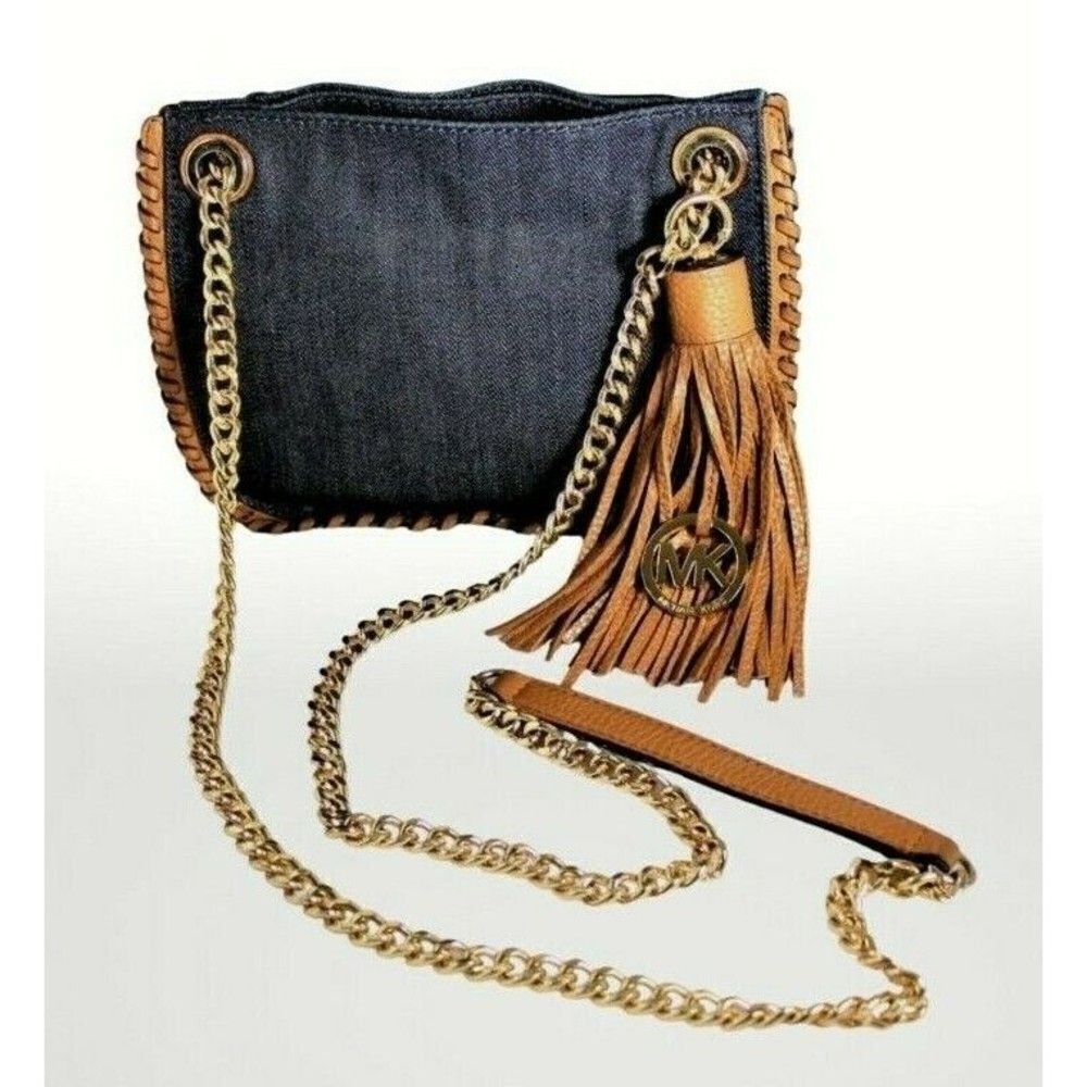 Denim Boho Crossbody Bag Golden Chain Strap Leather Tassel Whipped Stitch Trim